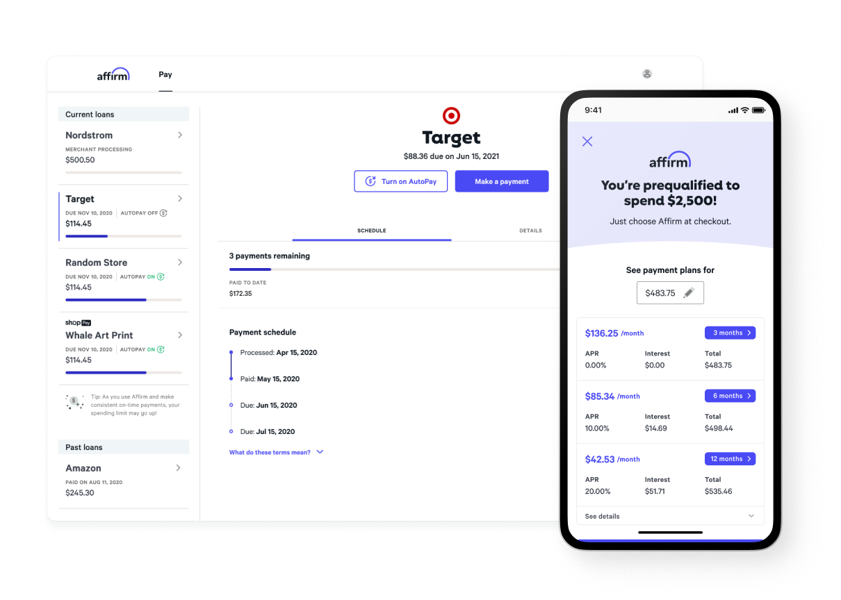 Affirm product mobile and web screen showing customer checkout process with payment options